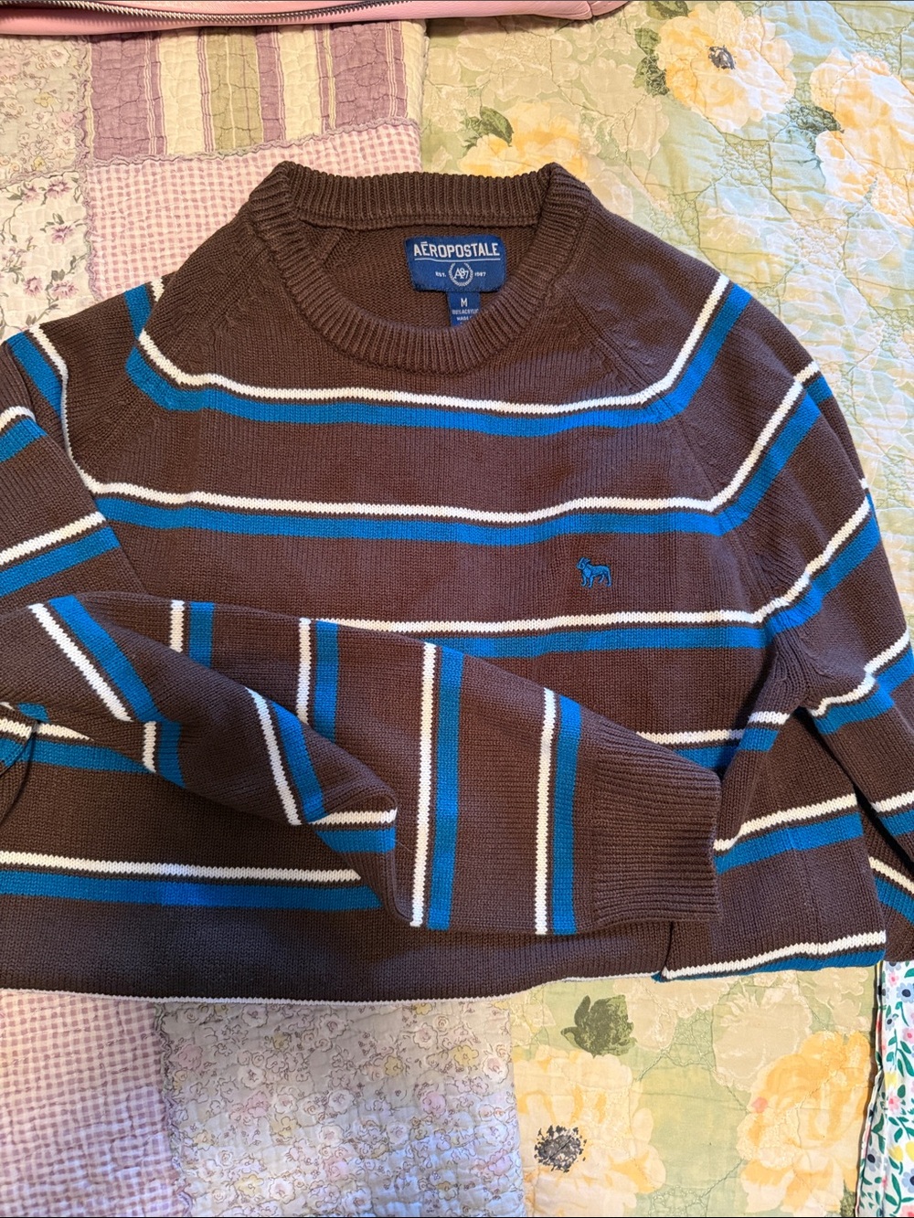 Aeropostale Men’s Brown Crewneck Sweater with Blue & White Stripes